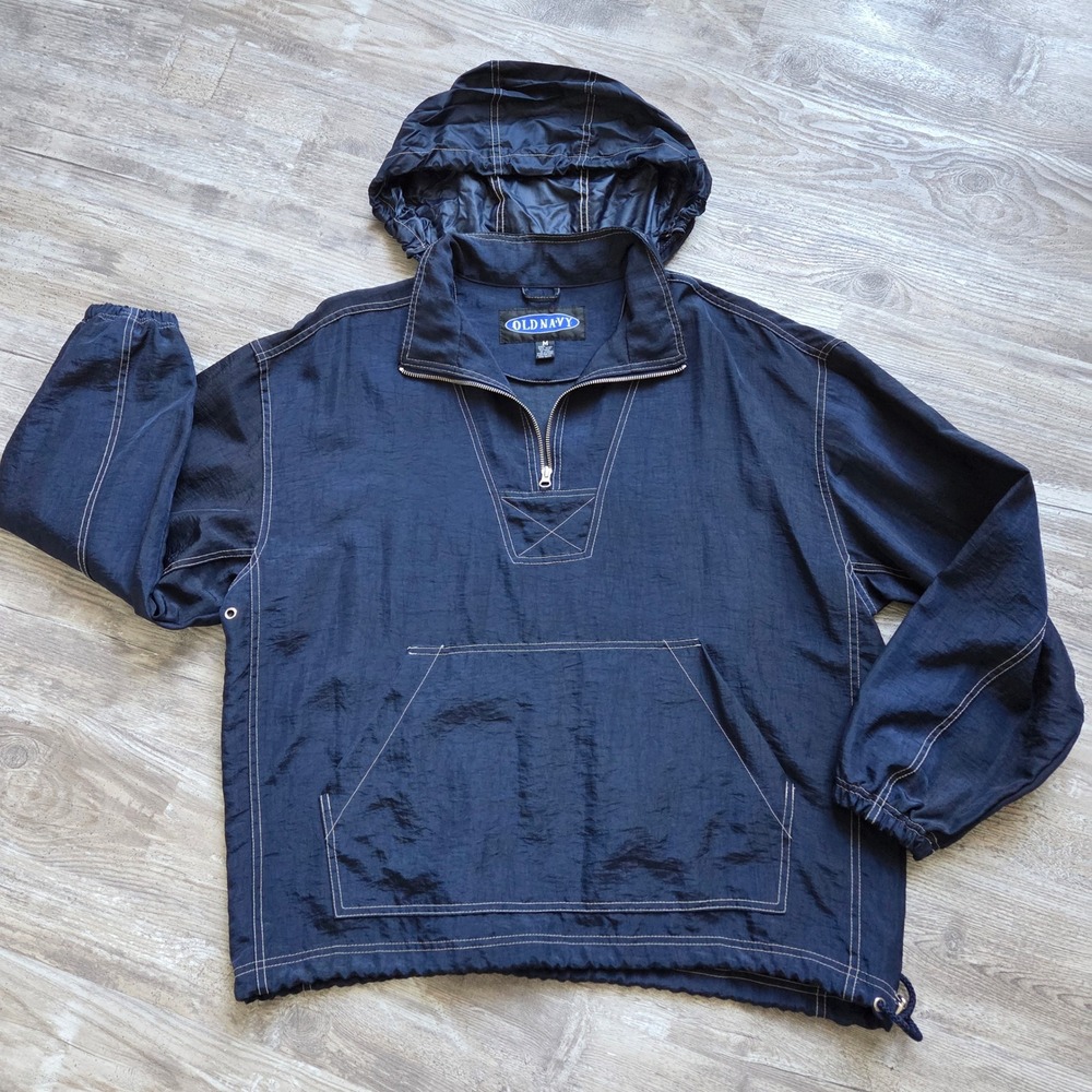 Old Navy Windbreaker Golf Anorak Mens‎ M Navy Blue Vtg 90s 1/4 Zip Hooded Jacket